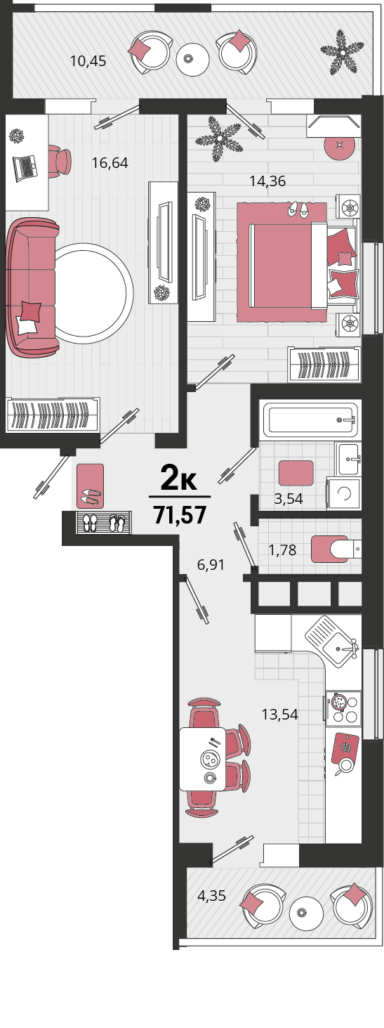 2-комнатная 71 м2 в ЖК Родные просторы корпус null этаж 10