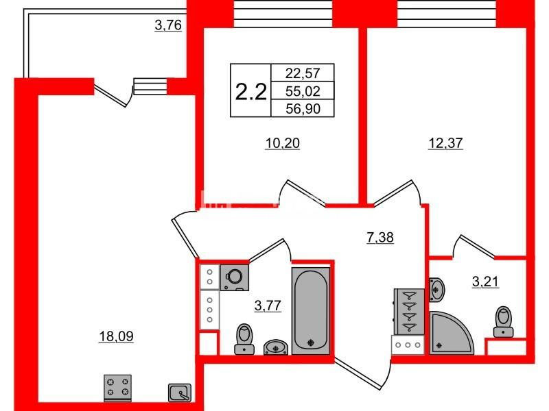 2-комнатная 55 м2 в ЖК Астра Континенталь корпус null этаж 6