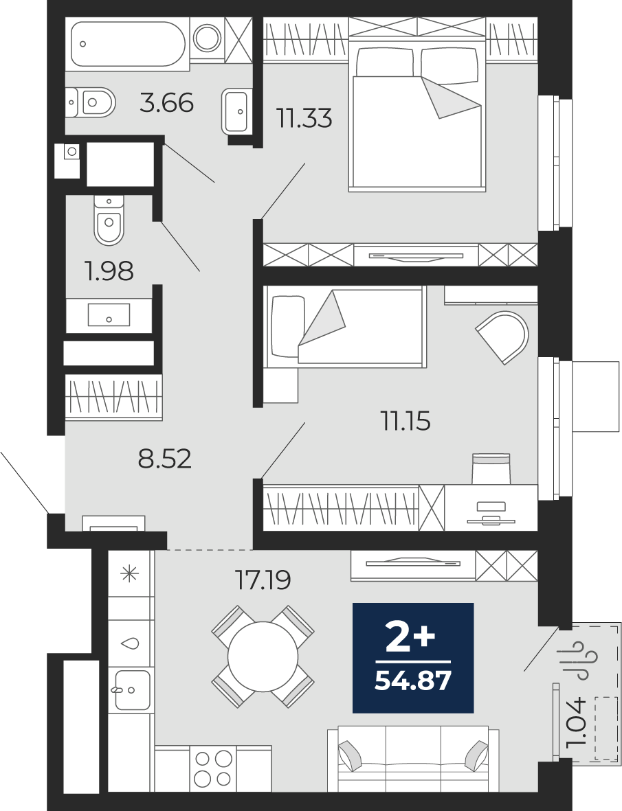 2-комнатная 53 м2 в ЖК Мириады корпус null этаж 7