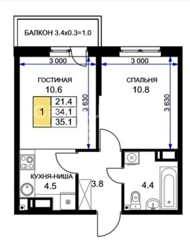 1-комнатная 35.6 м2 в ЖК undefined корпус null этаж 4