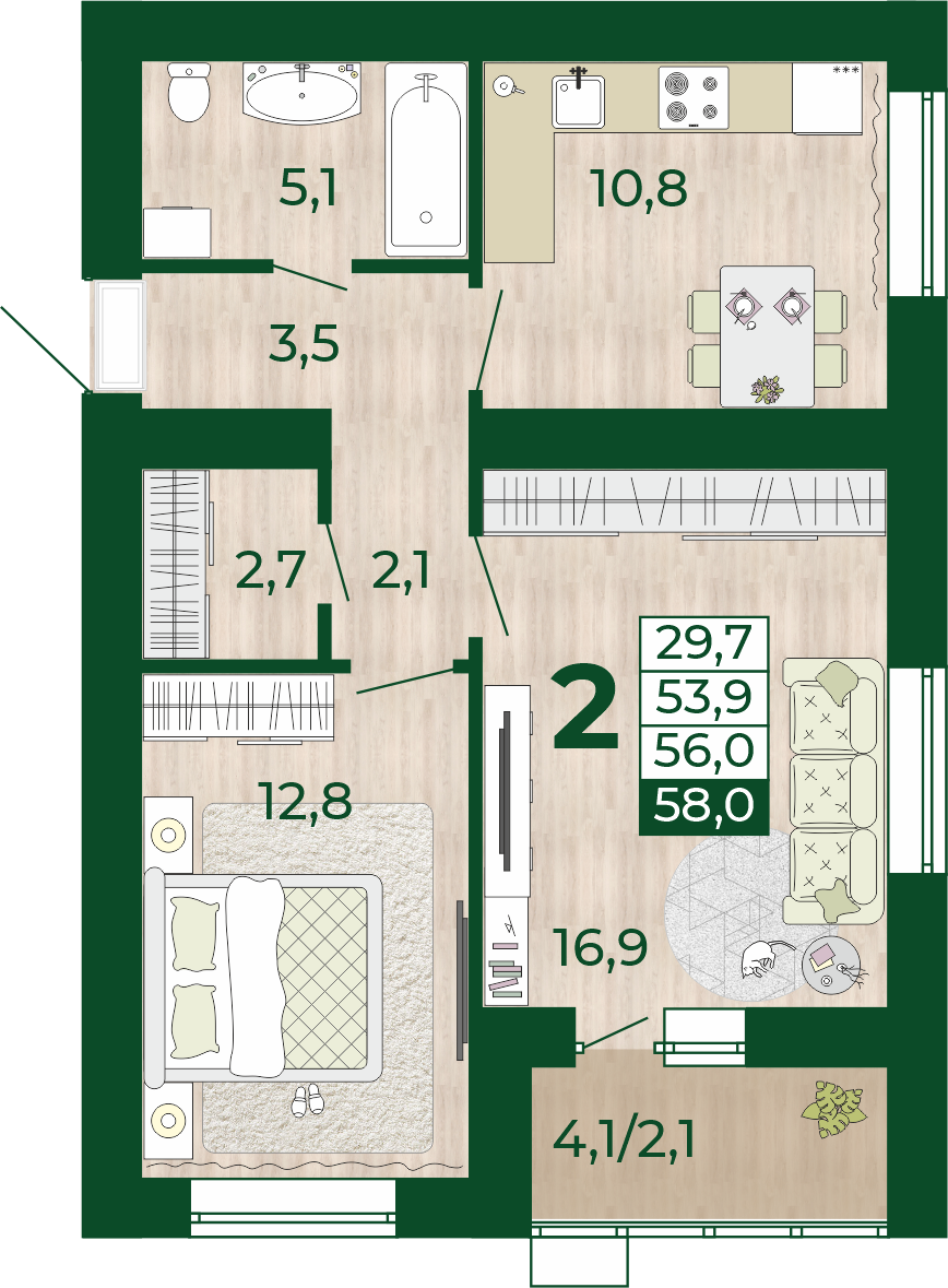2-комнатная 53 м2 в ЖК Уют-Парк корпус null этаж 15