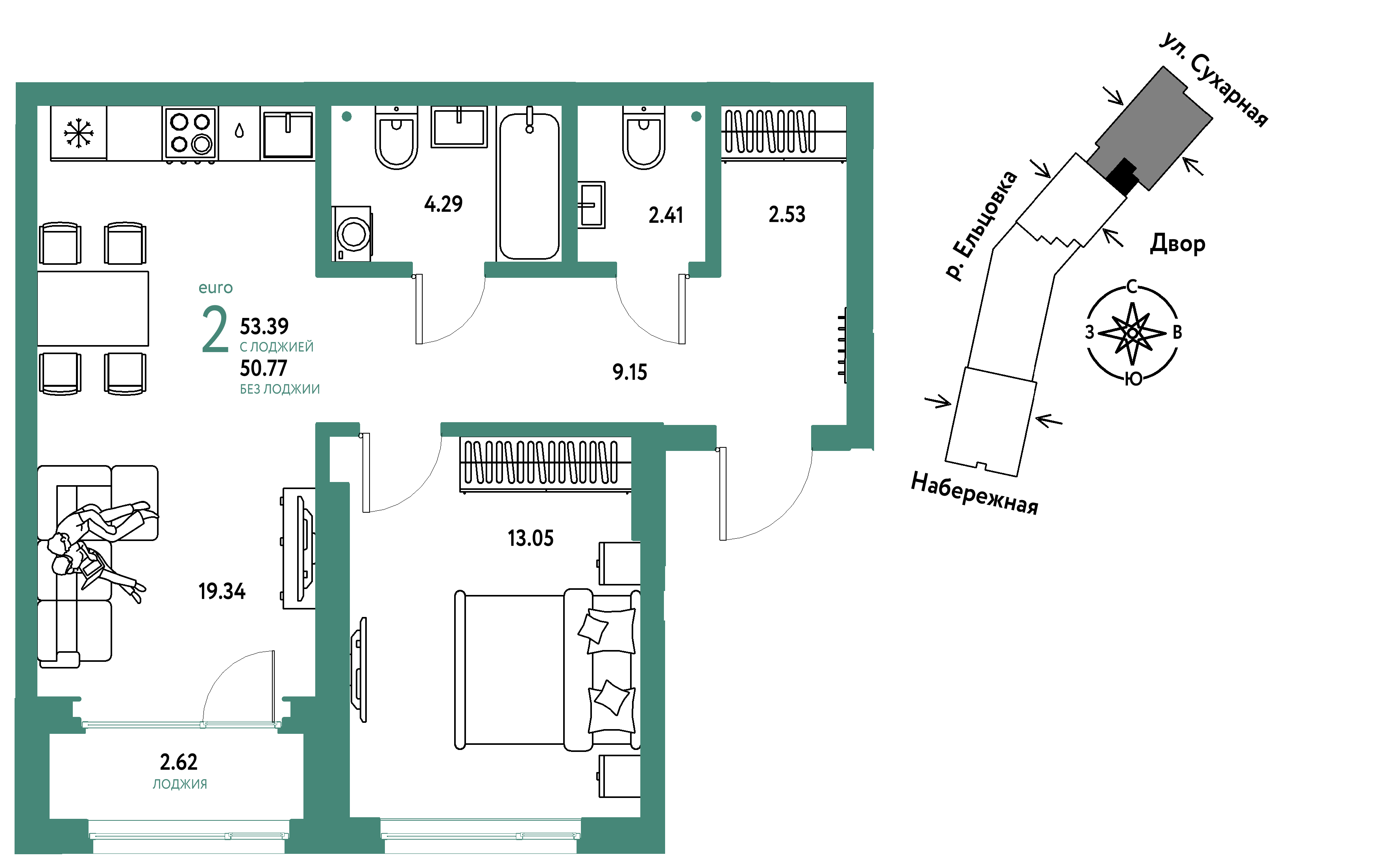 2-комнатная 53 м2 в ЖК Страна.Береговая корпус null этаж 7