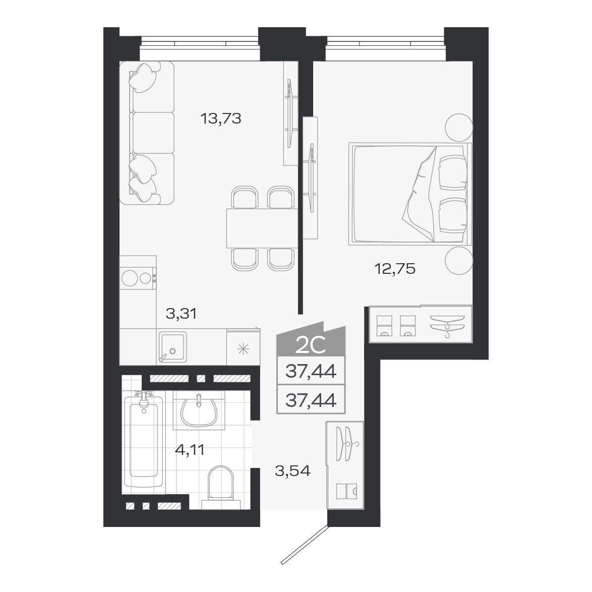 2-комнатная 37 м2 в ЖК Ясный берег корпус null этаж 15