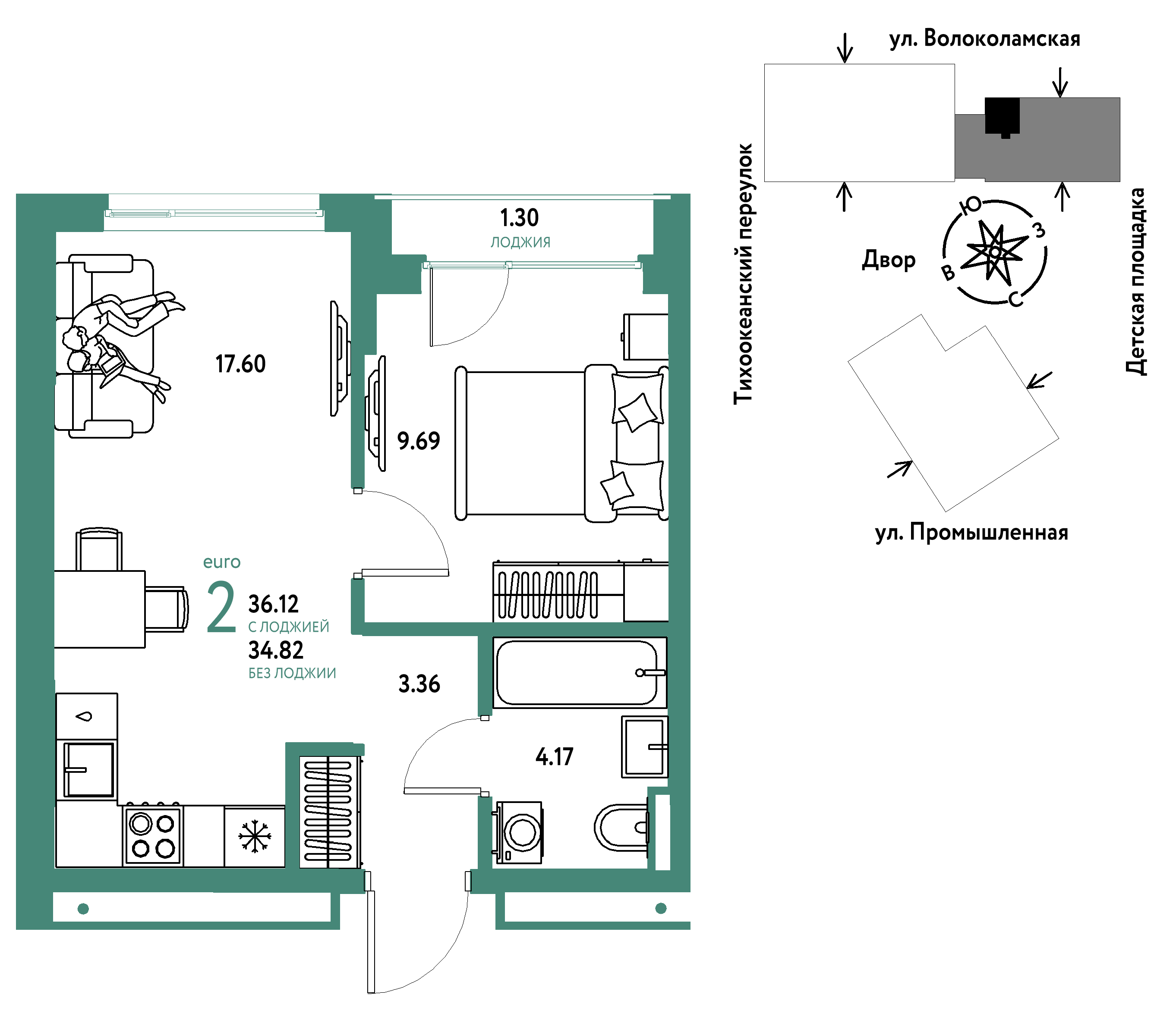 2-комнатная 36 м2 в ЖК Страна.Прибрежная корпус null этаж 14