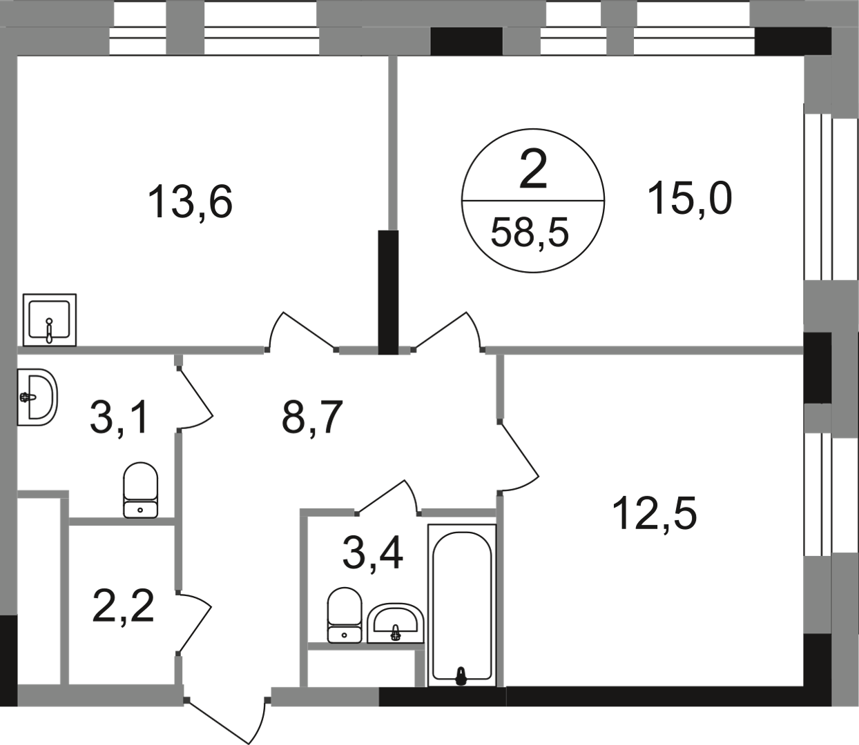 2-комнатная 58 м2 в ЖК Первый Московский корпус null этаж 6