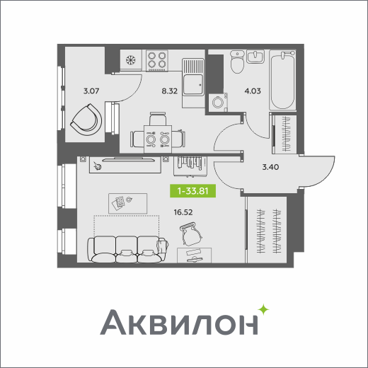 1-комнатная 33 м2 в ЖК Аквилон АКВАРТАЛ корпус null этаж 13