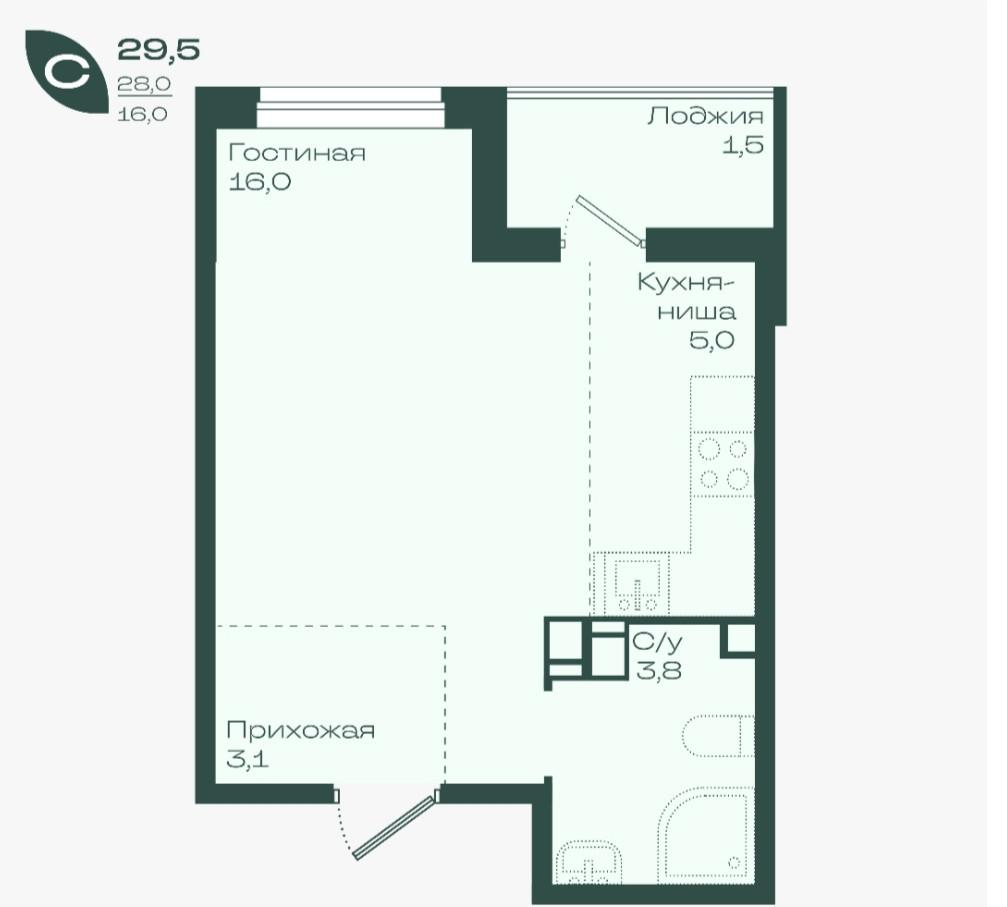 Студия 29.5 м2 в ЖК undefined корпус null этаж 5