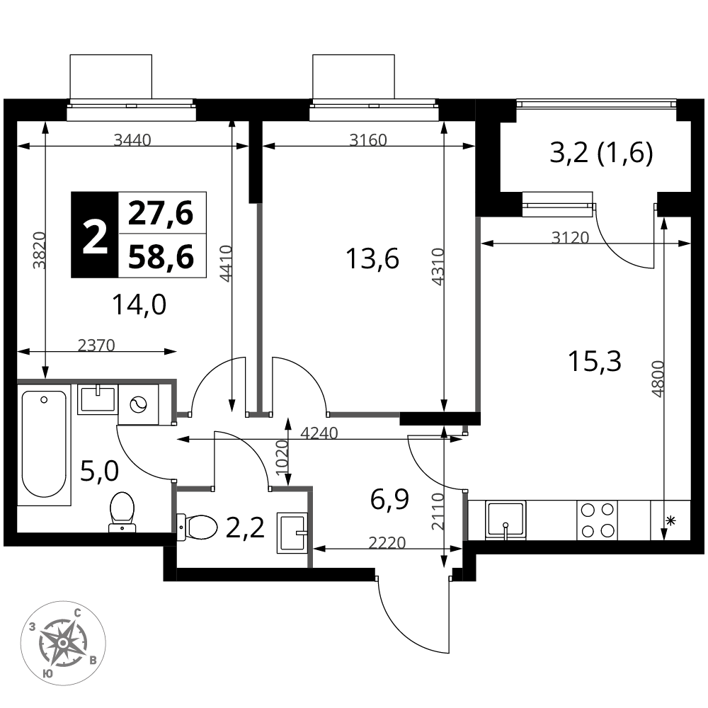 2-комнатная 58 м2 в ЖК 1-й Измайловский корпус null этаж 5