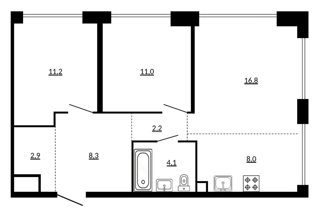 3-комнатная 64.3 м2 в ЖК undefined корпус null этаж 17