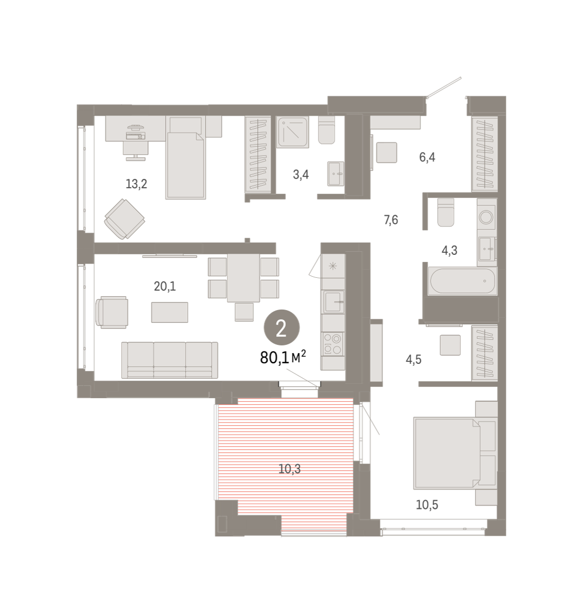 2-комнатная 80 м2 в ЖК Республики 205 корпус null этаж 13