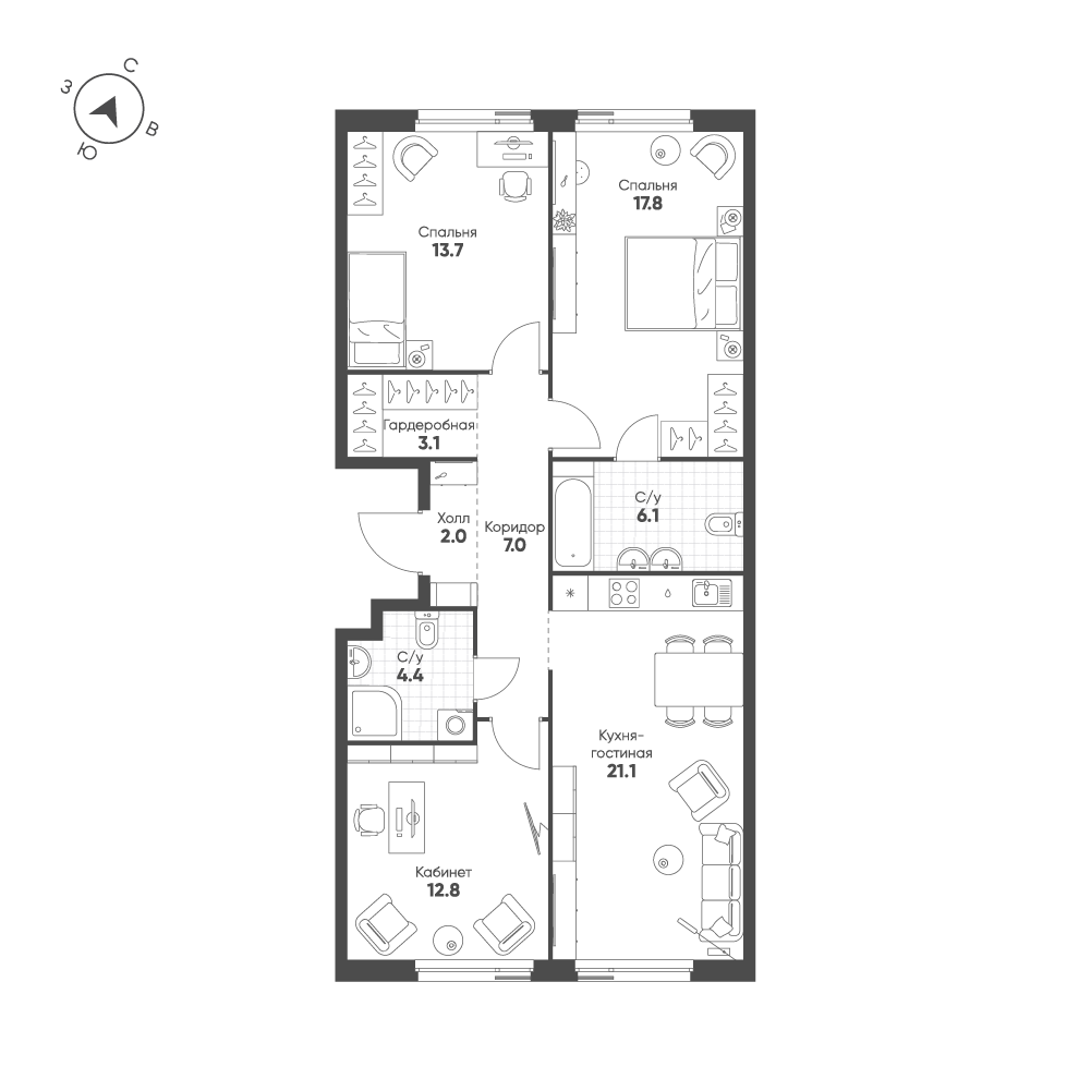 3-комнатная 88 м2 в ЖК Shagal корпус null этаж 2