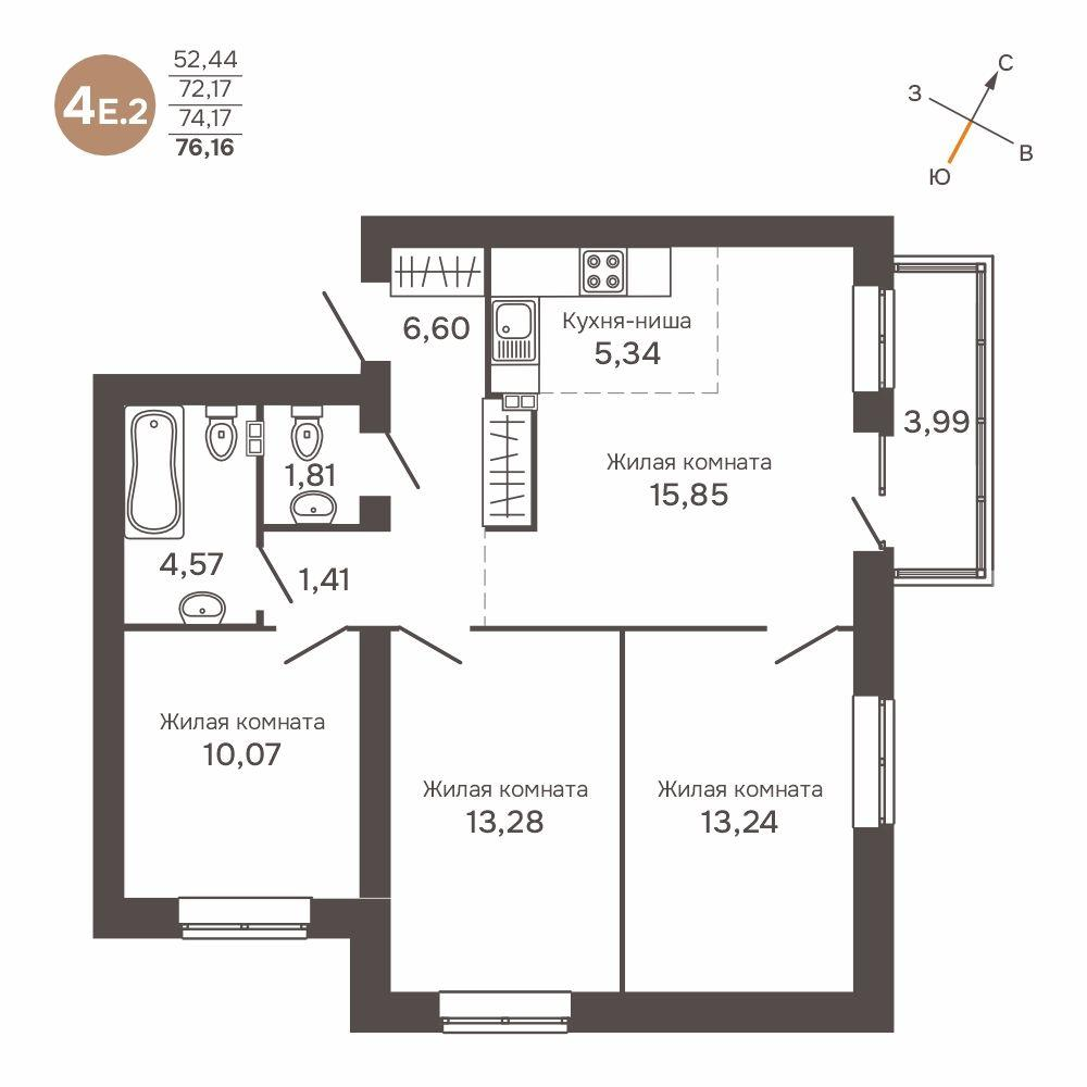 4-комнатная 74 м2 в ЖК Культура корпус null этаж 3