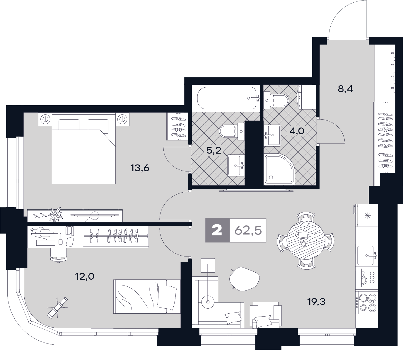 2-комнатная 62 м2 в ЖК Юту корпус null этаж 9
