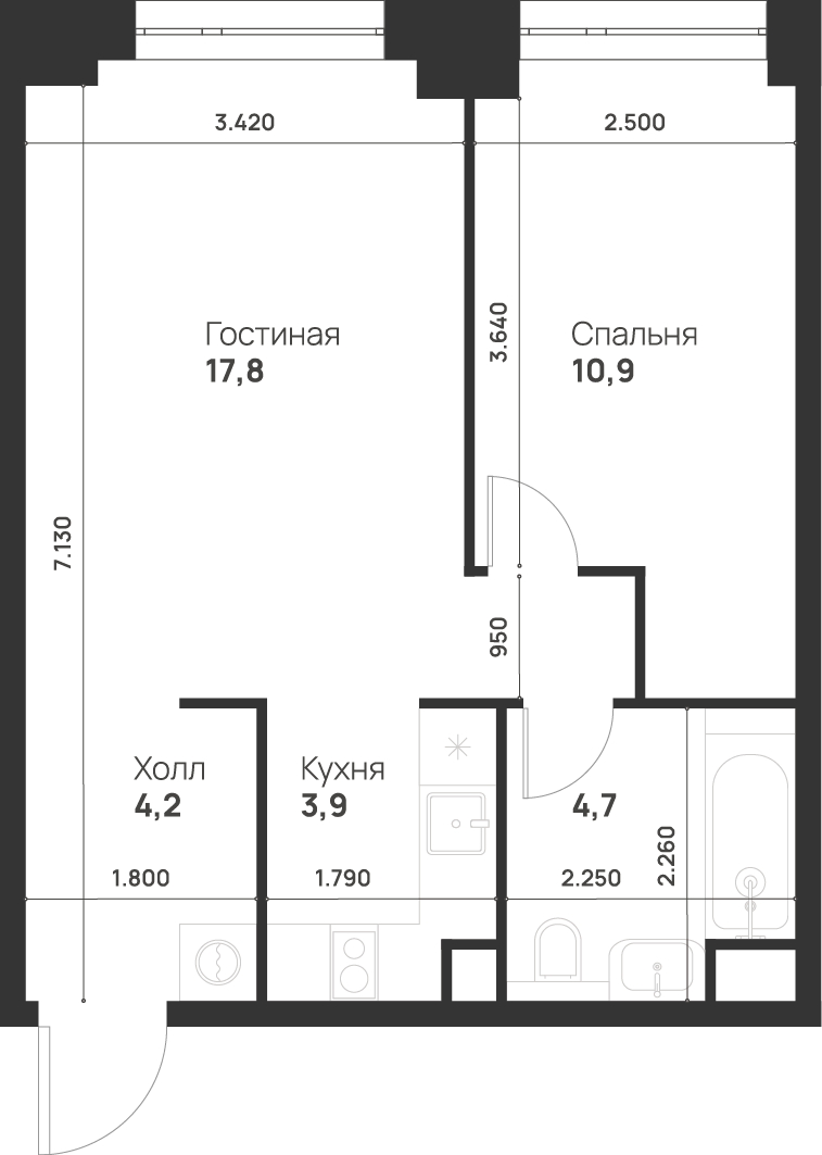 1-комнатная 41 м2 в ЖК Voice Towers корпус null этаж 2