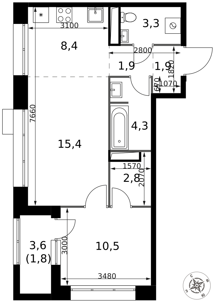 2-комнатная 50 м2 в ЖК 1-й Саларьевский корпус null этаж 15