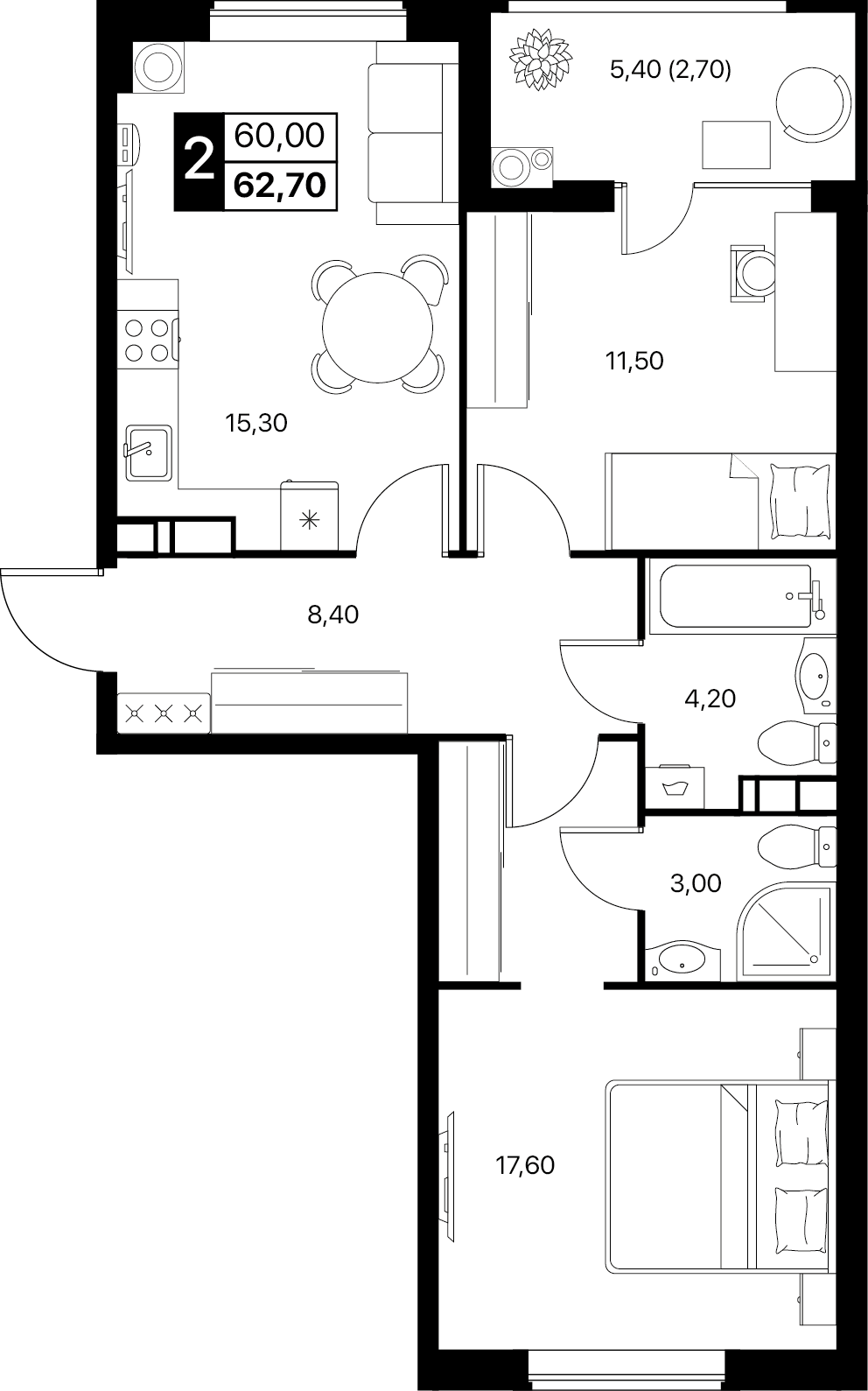 2-комнатная 62 м2 в ЖК Эстет корпус null этаж 12