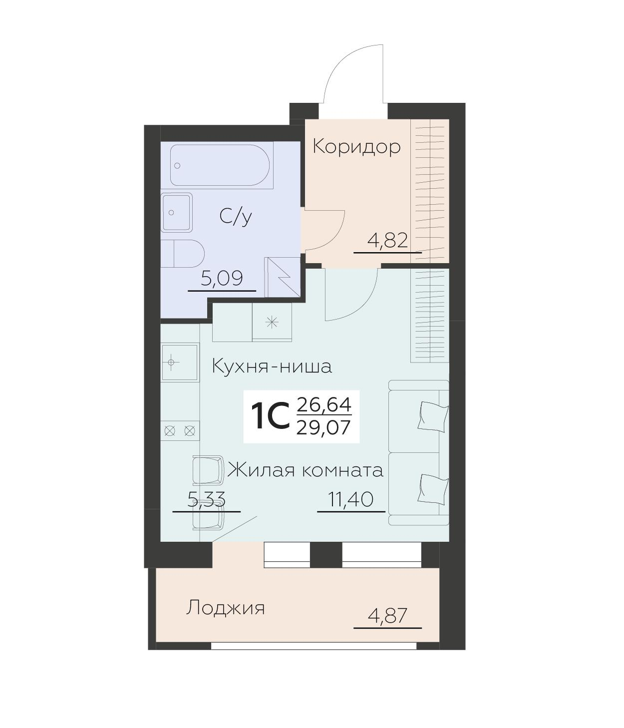 1-комнатная 29 м2 в ЖК Заря корпус null этаж 2