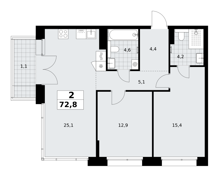 2-комнатная 72 м2 в ЖК Хольм корпус null этаж 13