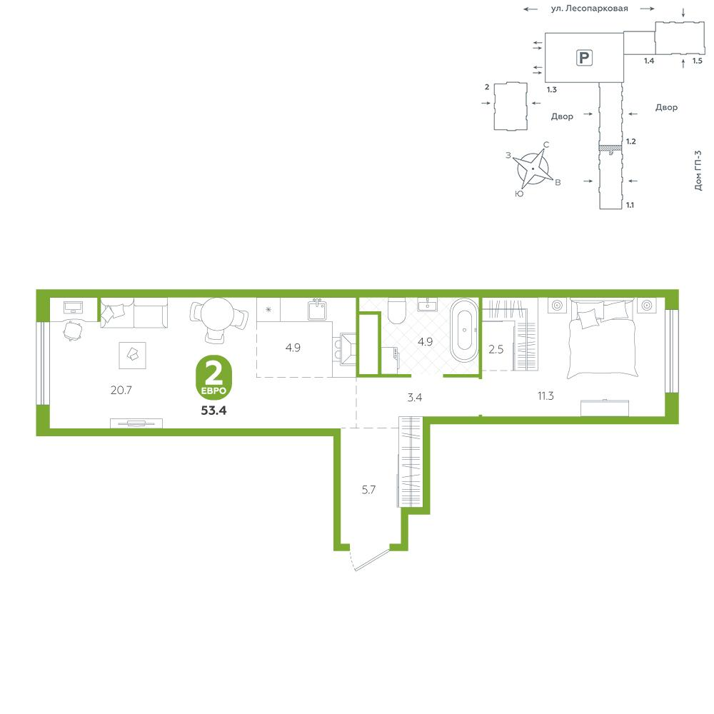 1-комнатная 53 м2 в ЖК Чистые пруды корпус null этаж 7