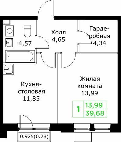 1-комнатная 39 м2 в ЖК Кит корпус null этаж 24