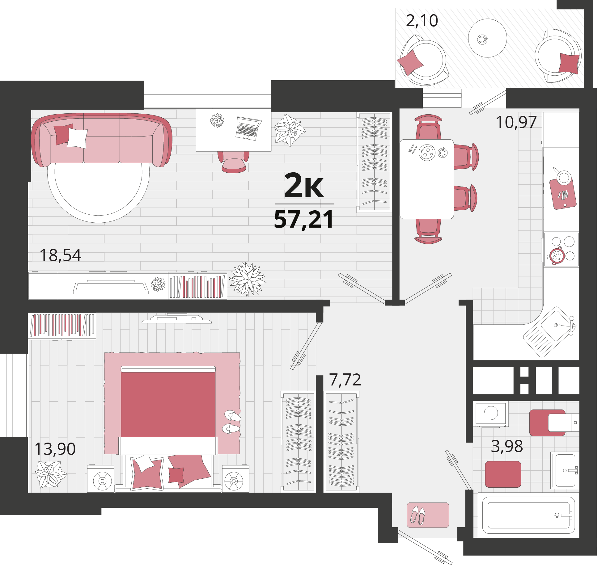 2-комнатная 57 м2 в ЖК Родные просторы корпус null этаж 14