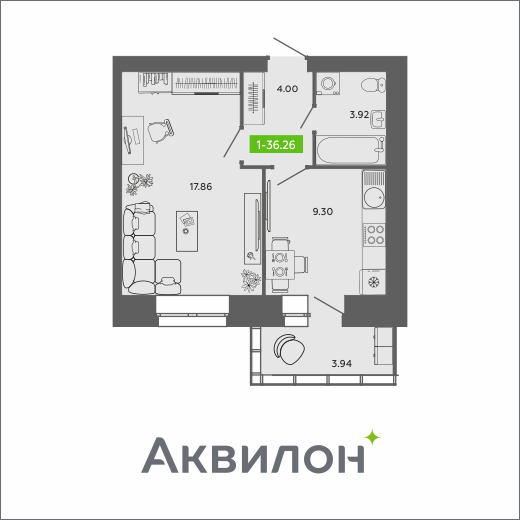 1-комнатная 36 м2 в ЖК RIVER PARK-2 корпус null этаж 1