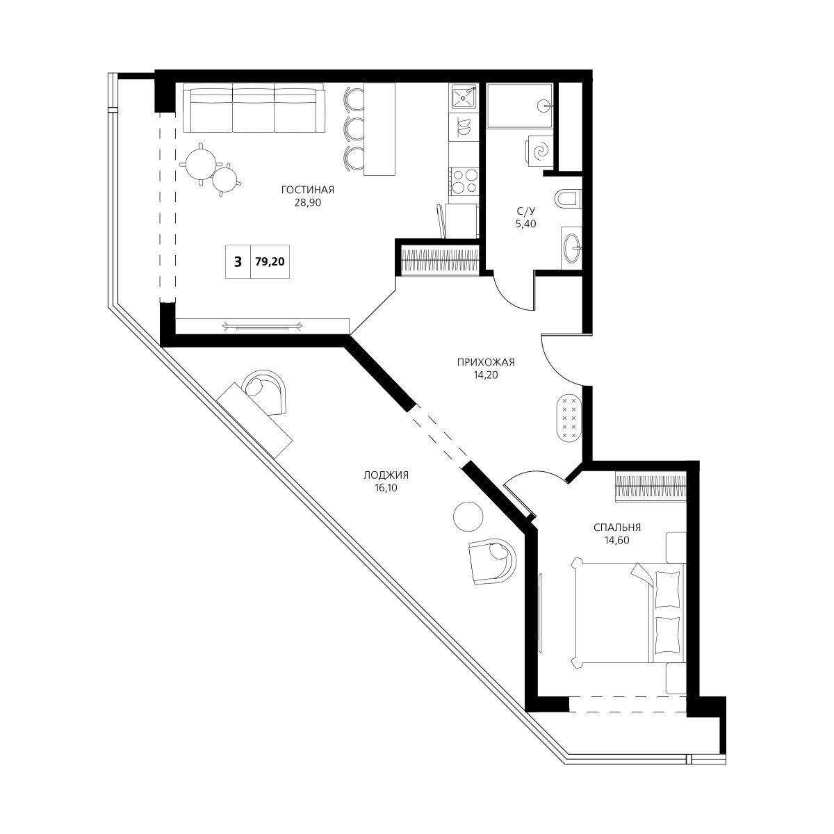 3-комнатная 79 м2 в ЖК Аксис Центр корпус null этаж 8