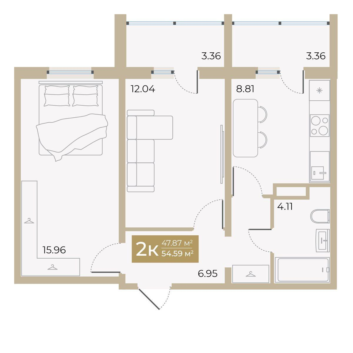 2-комнатная 47 м2 в ЖК Спутник-2 корпус null этаж 2