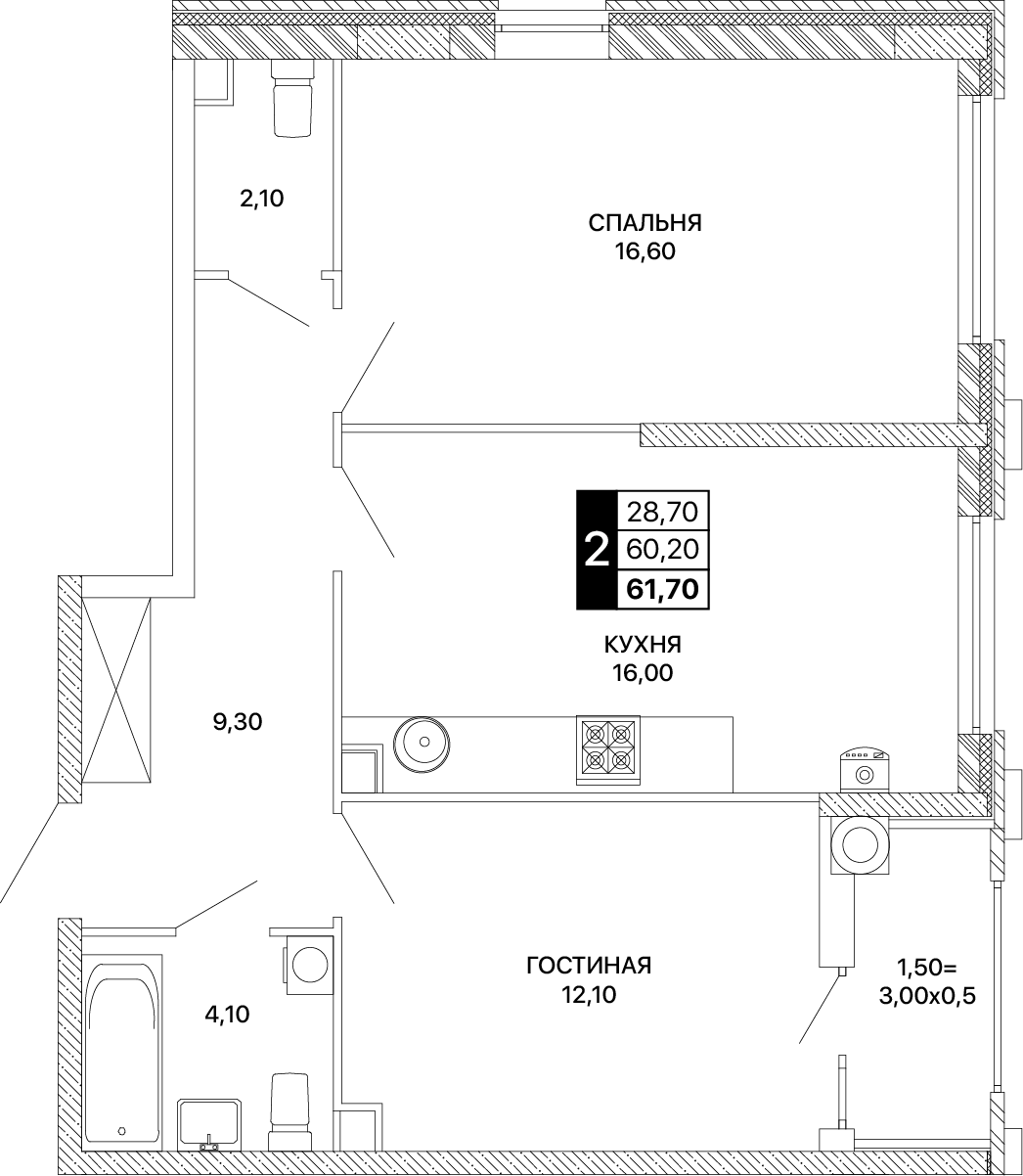 2-комнатная 61 м2 в ЖК Сияние корпус null этаж 2