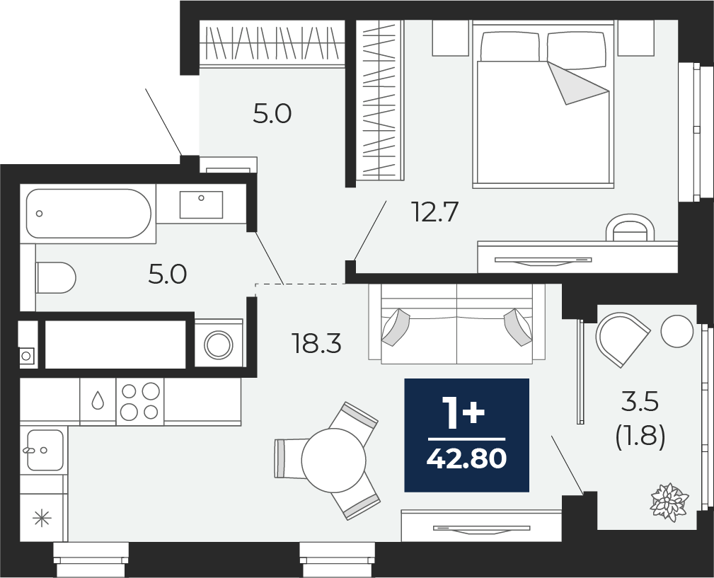 1-комнатная 41 м2 в ЖК Мириады корпус null этаж 8