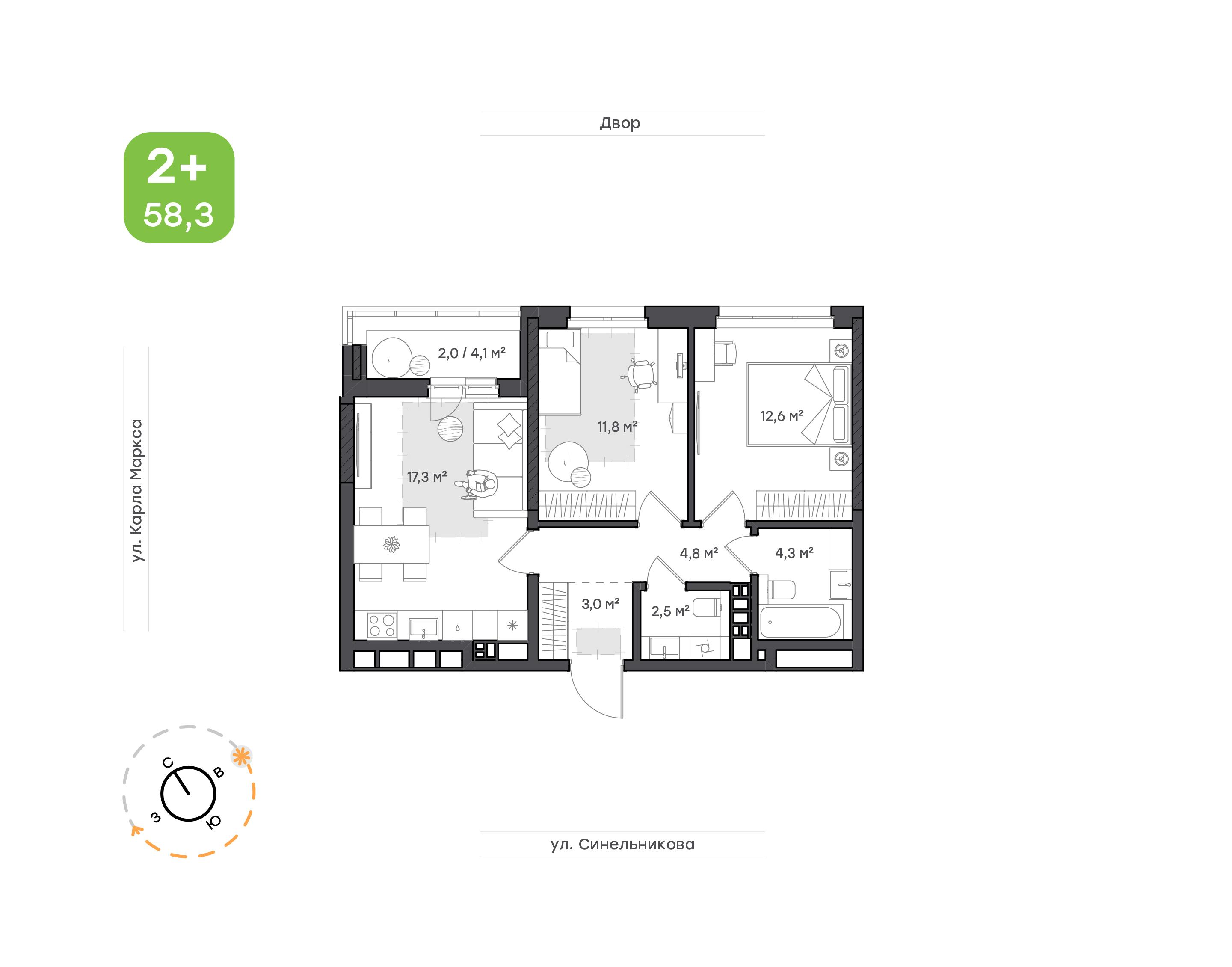 2-комнатная 58 м2 в ЖК Сердце Востока корпус null этаж 3