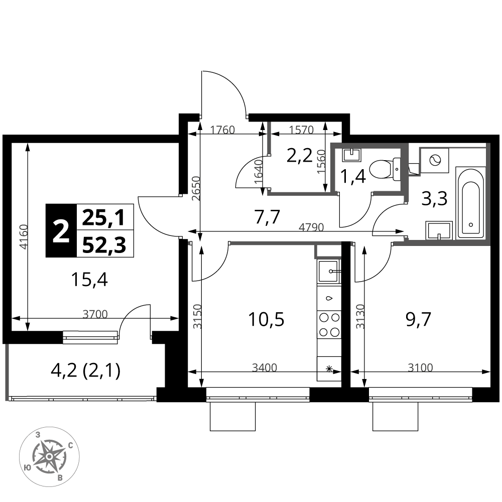 2-комнатная 52 м2 в ЖК 1-й Южный корпус null этаж 11