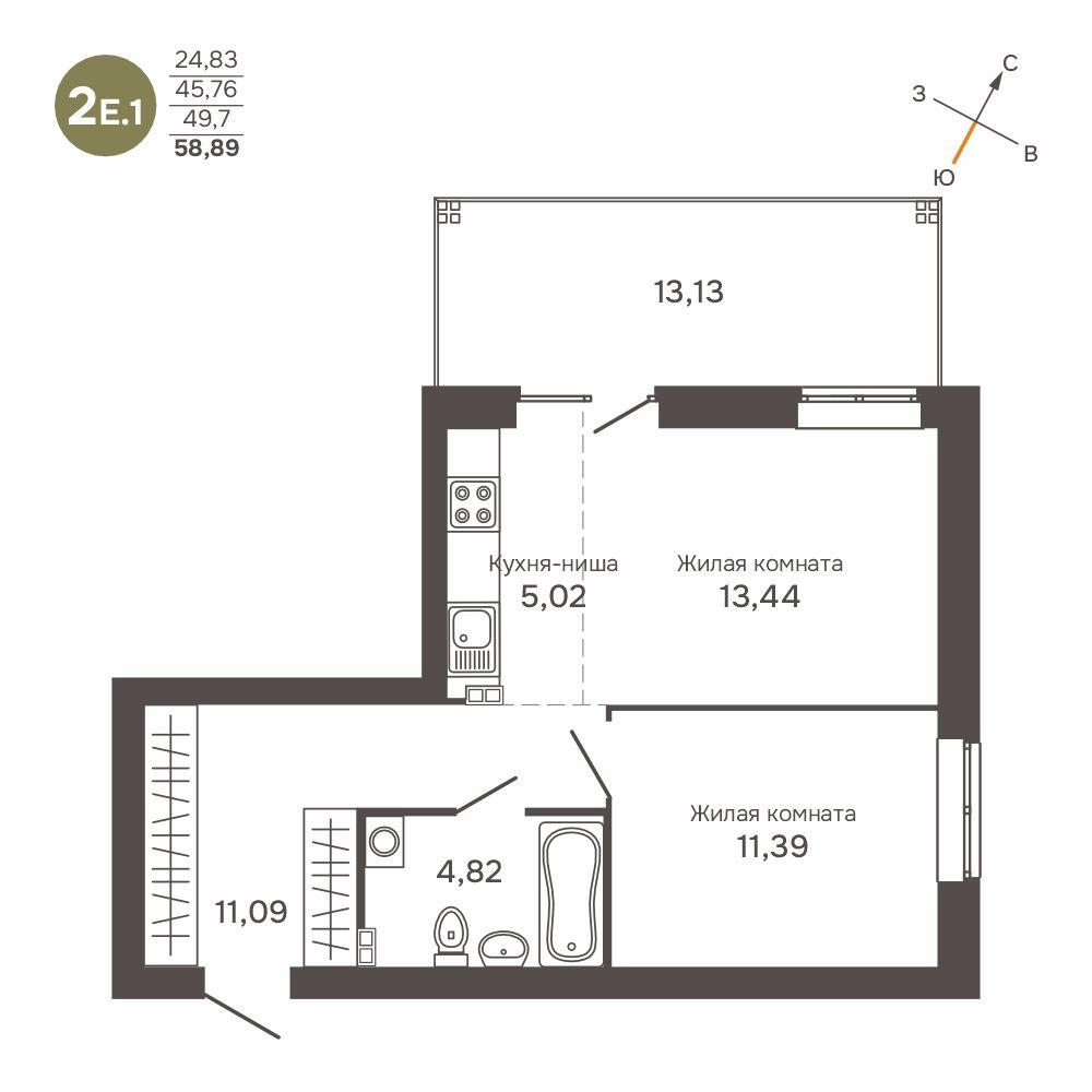 2-комнатная 49 м2 в ЖК Культура корпус null этаж 1