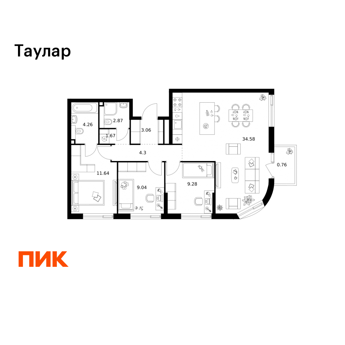 3-комнатная 81 м2 в ЖК Таулар корпус null этаж 24
