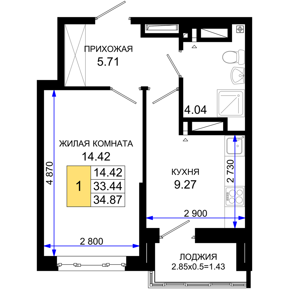 1-комнатная 34 м2 в ЖК Октябрь парк корпус null этаж 6