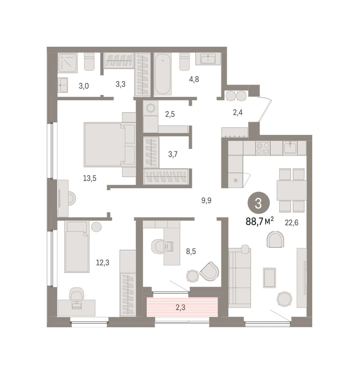 3-комнатная 88 м2 в ЖК Зарека корпус null этаж 15