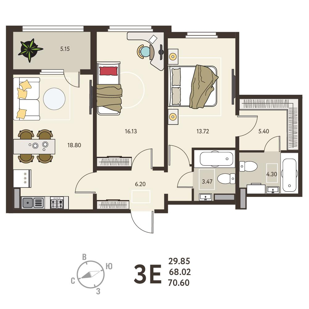 2-комнатная 70 м2 в ЖК ИНСТЕП.СИТИ корпус null этаж 12