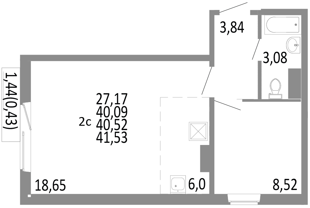 2-комнатная 40.5 м2 в ЖК undefined корпус null этаж 6