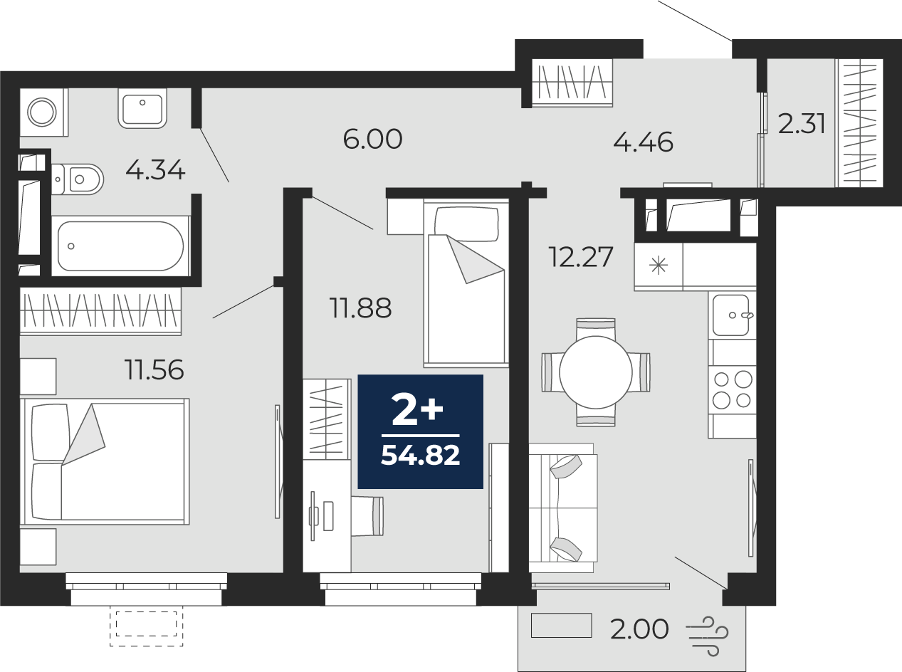2-комнатная 52 м2 в ЖК Беринг корпус null этаж 7