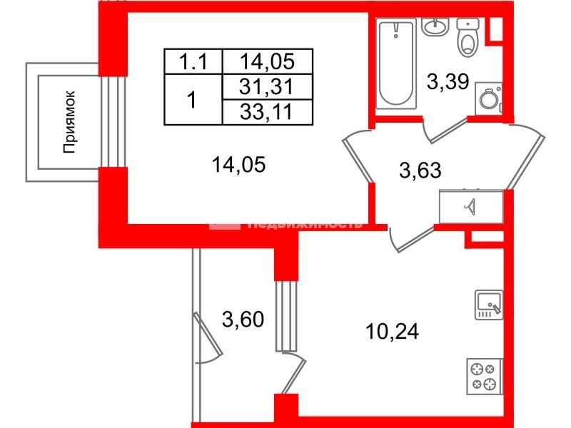 1-комнатная 31 м2 в ЖК Парадный ансамбль корпус null этаж 1