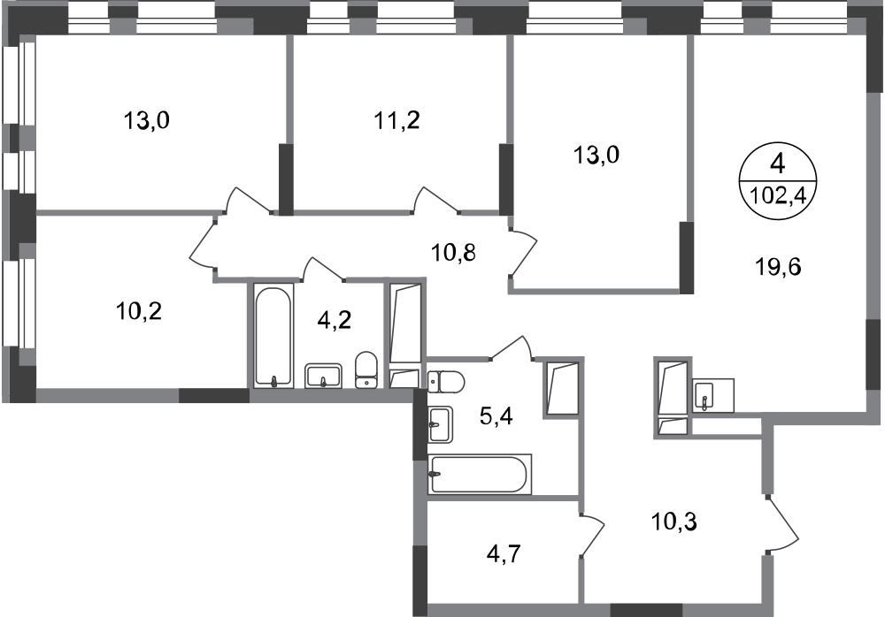 4-комнатная 102 м2 в ЖК Первый Московский корпус null этаж 16