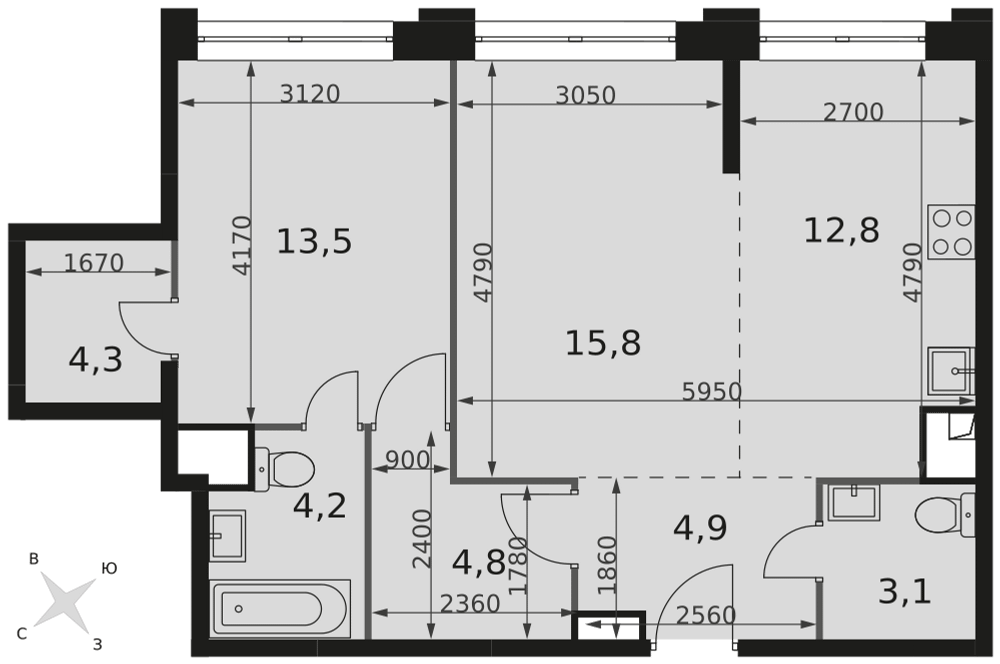 2-комнатная 63 м2 в ЖК Sydney City корпус null этаж 32