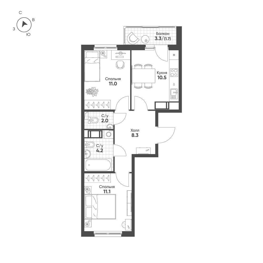 2-комнатная 48 м2 в ЖК Клюква.Парк корпус null этаж 6