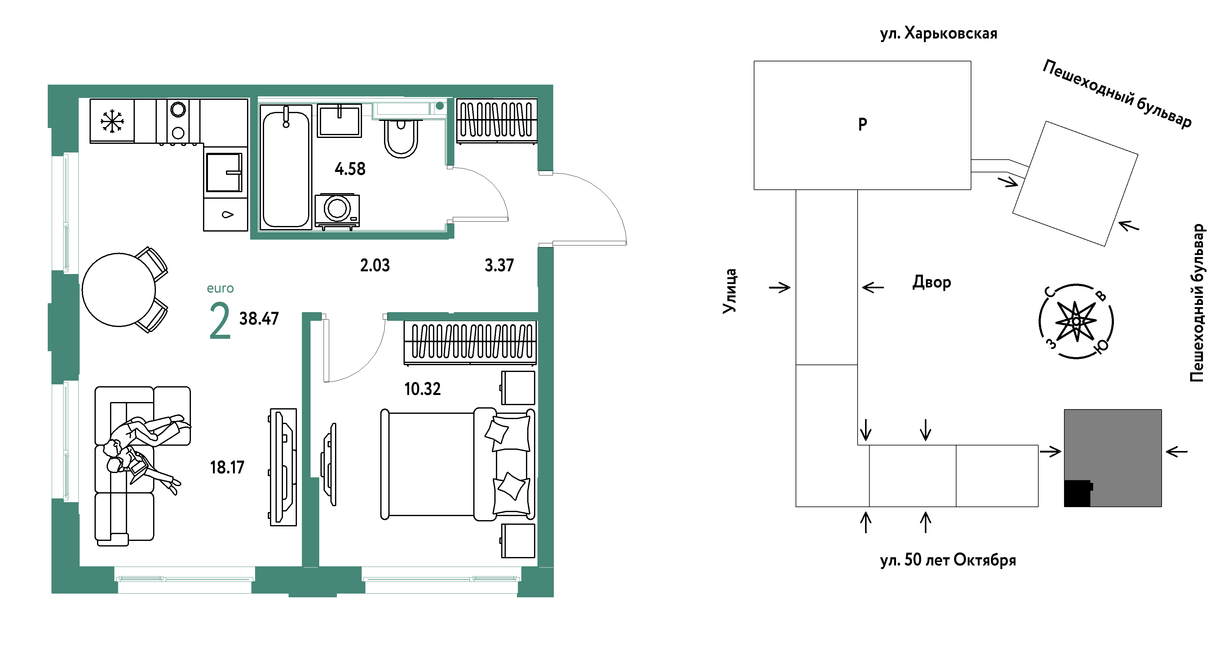 2-комнатная 38 м2 в ЖК Сердце Сибири корпус null этаж 23