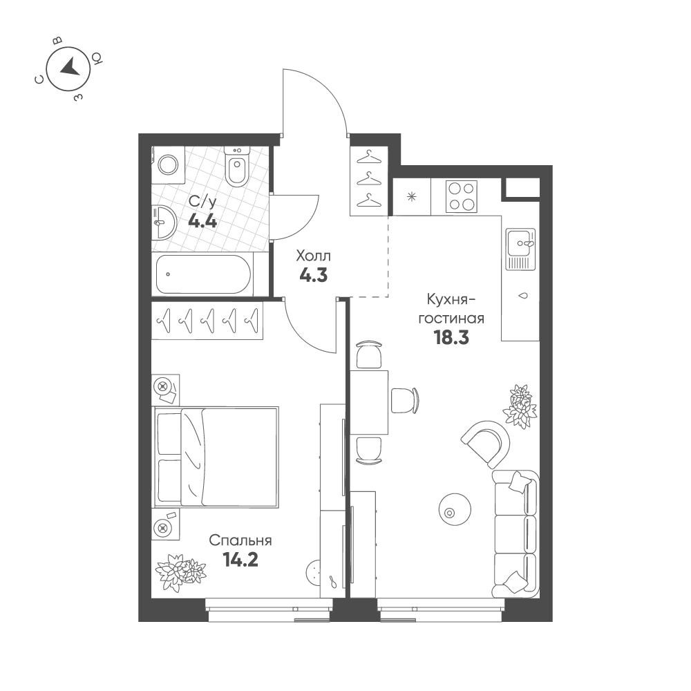 1-комнатная 41 м2 в ЖК Шагал корпус null этаж 9