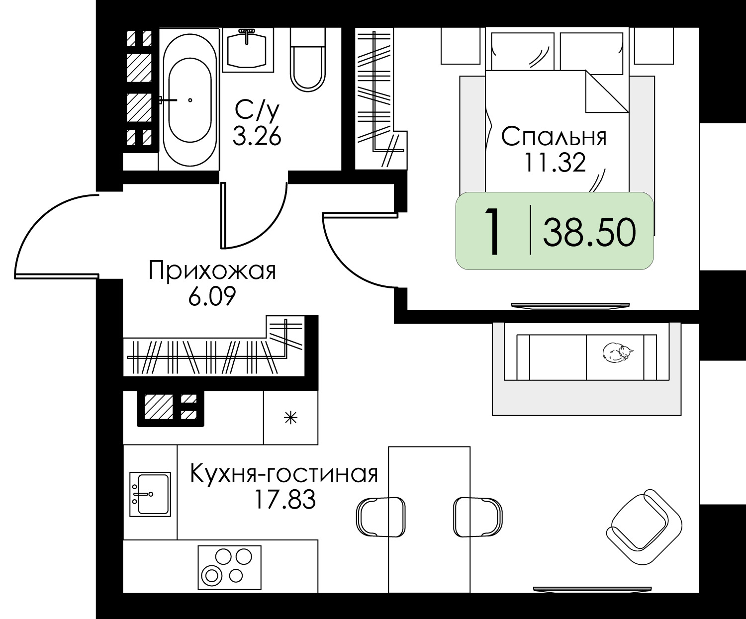 1-комнатная 38 м2 в ЖК Урбан Парк корпус null этаж 2