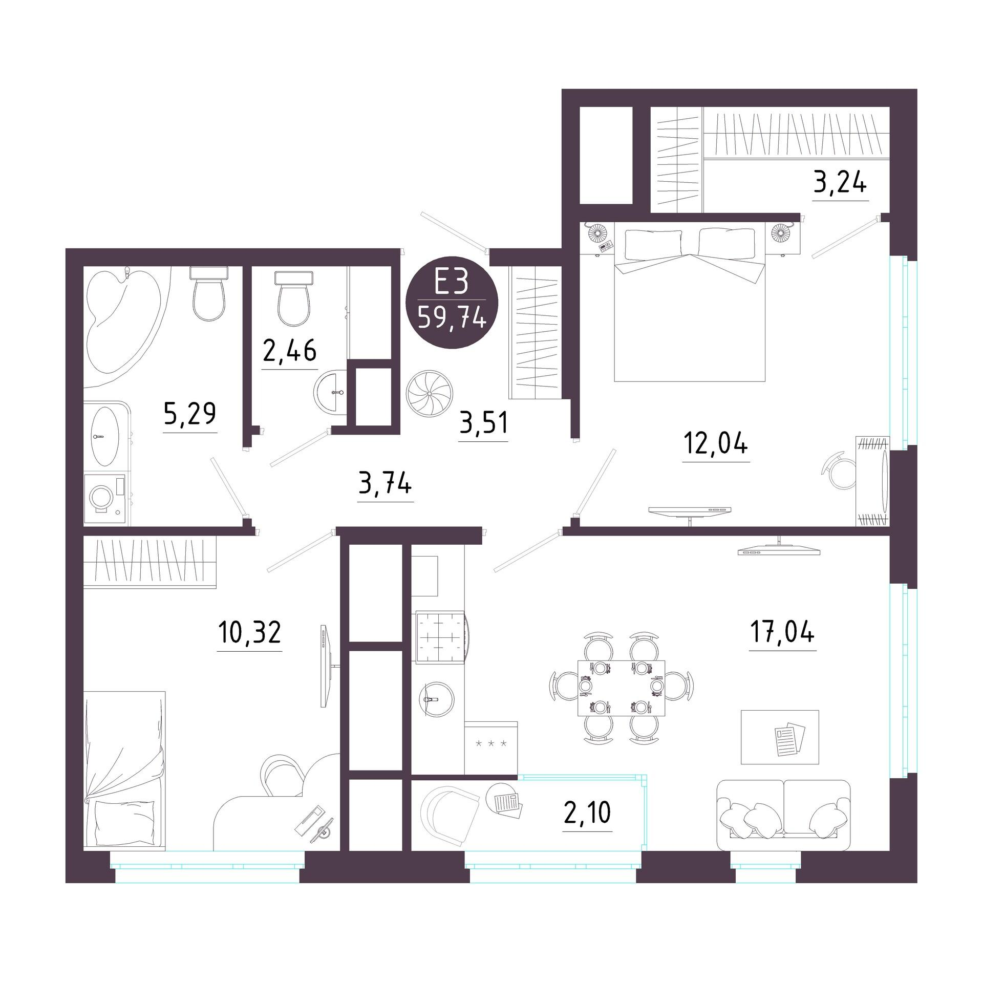 2-комнатная 59 м2 в ЖК Крылья корпус null этаж 5