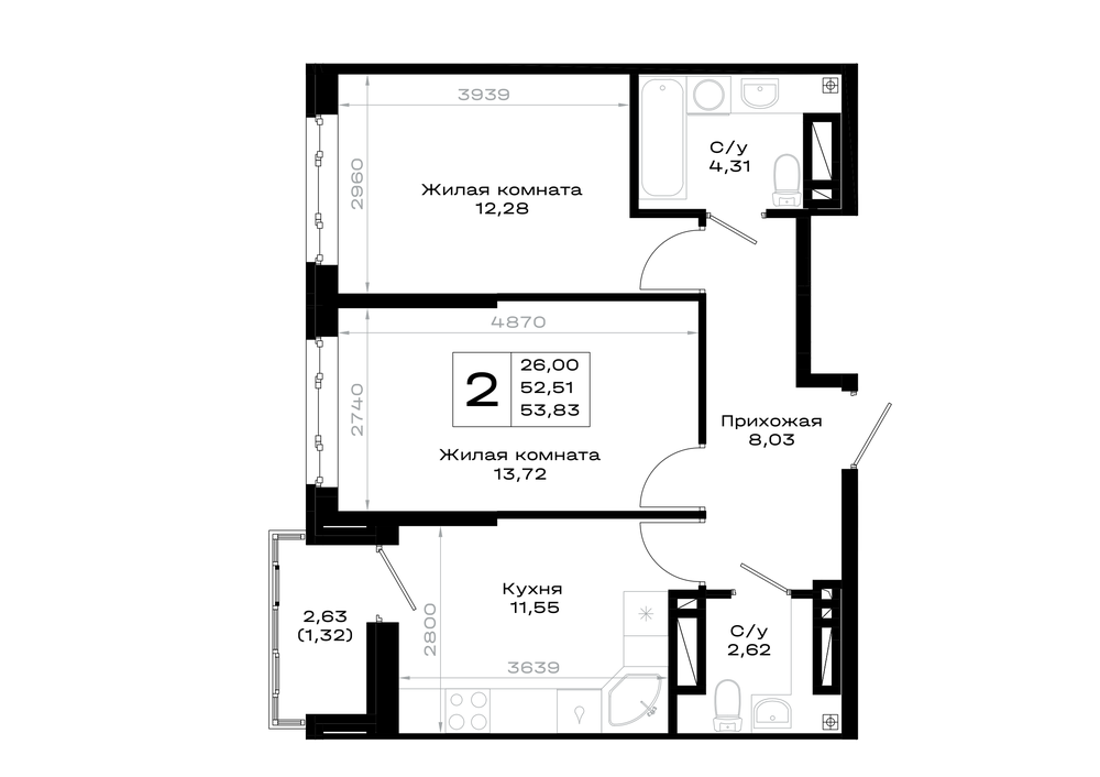 2-комнатная 53 м2 в ЖК Октябрь парк корпус null этаж 13