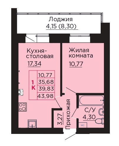 1-комнатная 39 м2 в ЖК Вишневый сад корпус null этаж 1