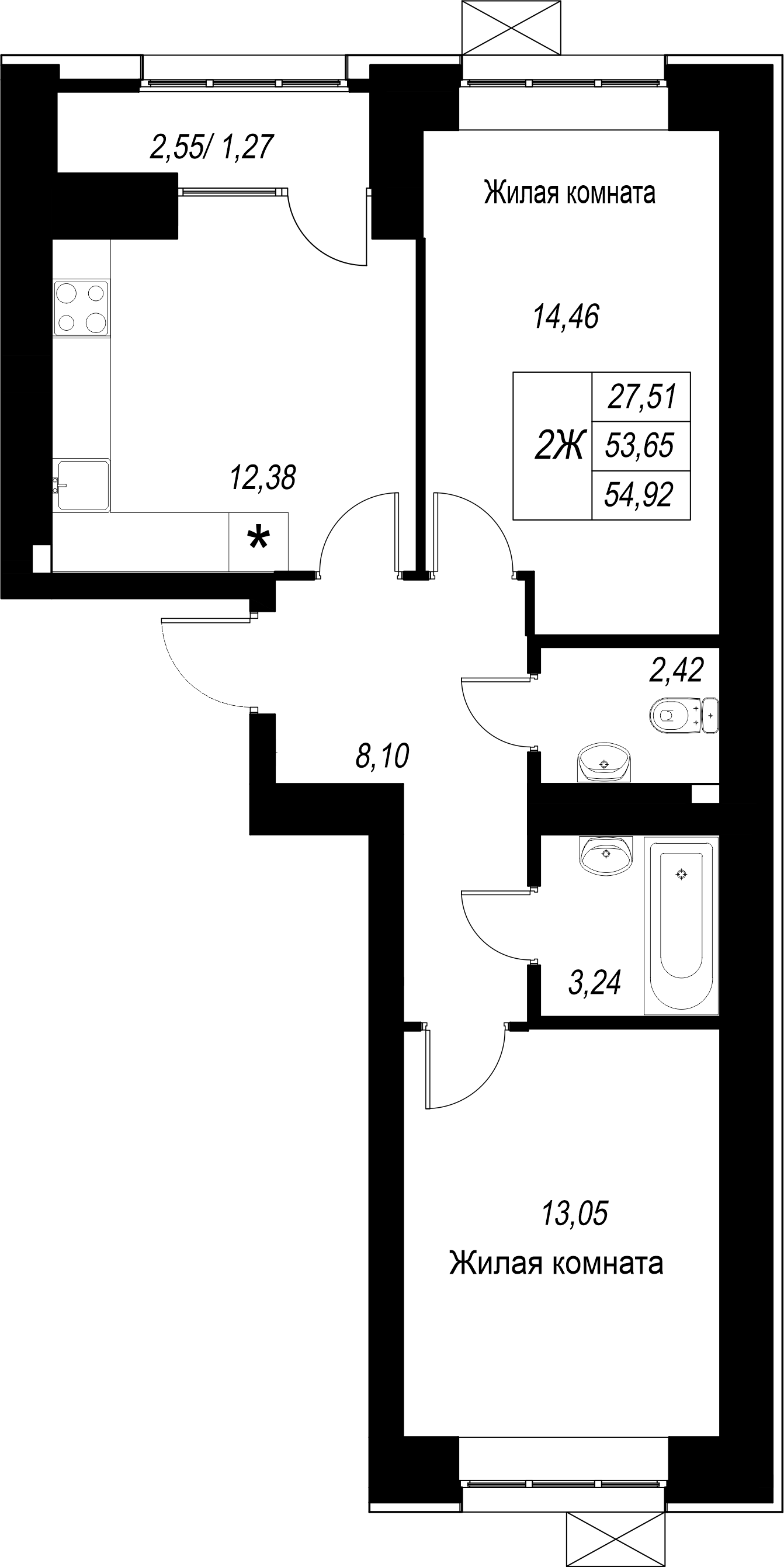 2-комнатная 54 м2 в ЖК Династия корпус null этаж 9